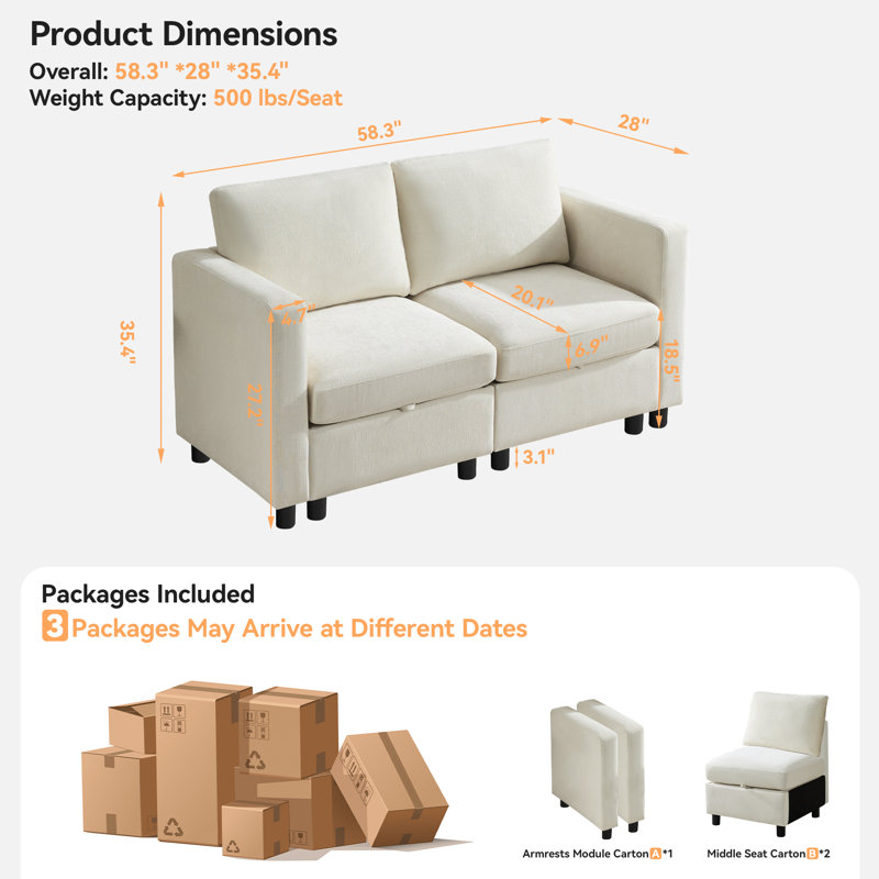 Canapé modulaire avec causeuse 58,3 po avec rangement sous le siège, chenille, Chenille beige