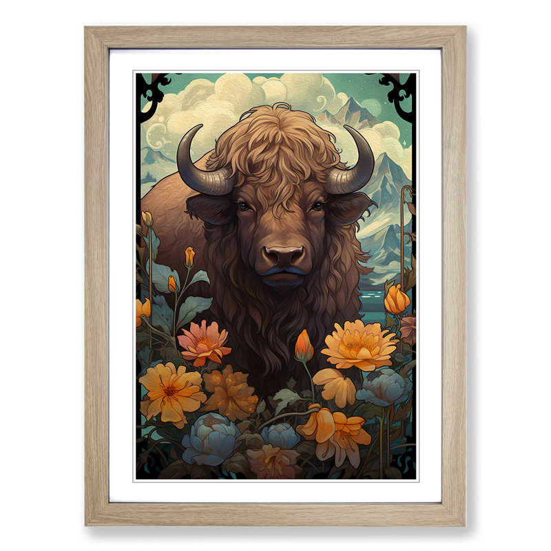 Buffalo Nouveau - Single Picture Frame Print on Wood, 64cm H x 46cm W x 2cm D, Oak Framed