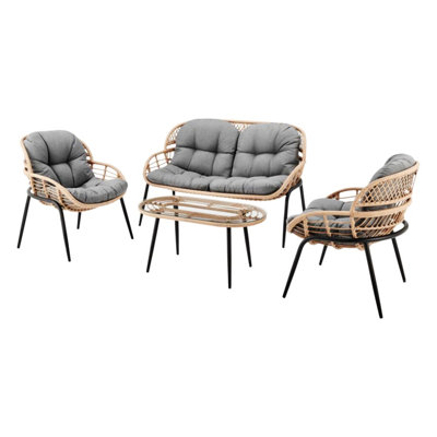 Belize 4-Piece PE Natural Rattan Outdoor Beige Cushions Conversation Set