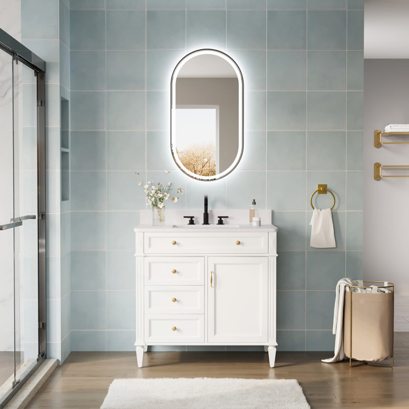ZC-Mirror l 24 po x H 36 po mural miroir de salle de bain ovale à DEL avec fonction mémoire, Noir mat, 36 po x 20 po