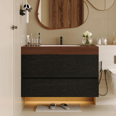 Meuble-lavabo flottant moderne 29,9 po avec comptoir en faux marbre et lavabo encastré en céramique, fixation murale pour petites salles de bain et appartements