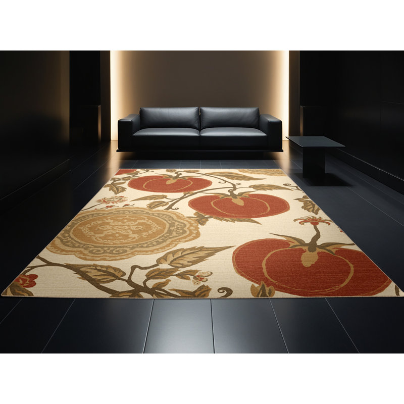 Machine Washable Food And Beverage Tomato Classic Oriental Rug in Beige – Beige Binding, 8x10