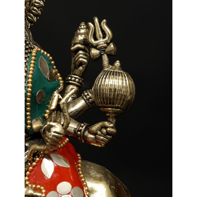 Small Brass Goddess Durga Statue with Inlay Work Hindu Divine Power Lion Ride Décor