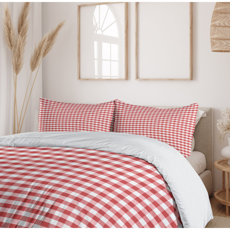 Coral and White Checkered Queen Duvet Cover Set