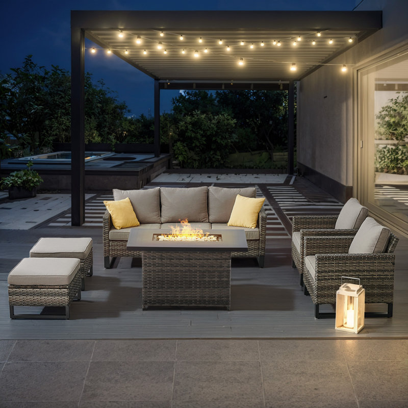 Nazime 5- Person Outdoor PE Wicker Patio Conversation Set with Fire Pit, Ottomans and Cushions, Gray, Gray