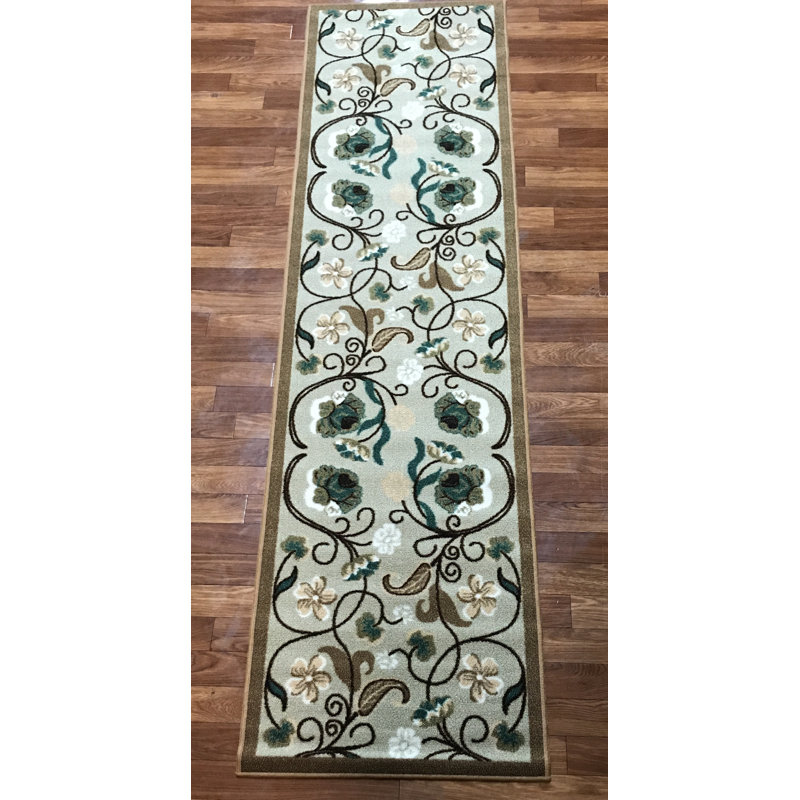 Hepatique Floral Synthetic Non-Skid Kitchen Mat, Runner 1.8' x 4.11", Ivory