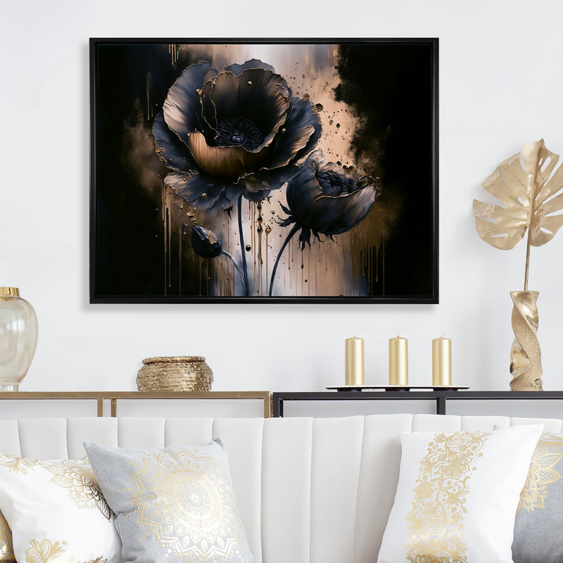 «Black and Gold Popy Flowers I» - reproduction sur toile, H 30 po x l 40 po x P 1,5 po, Cadre flottant noir