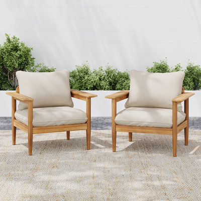Wood Outdoor Lounge Chair , Soft Cushions, Wide For Enhanced Relaxation, And Assembly Required Of 2 With Beige Comfortable Seat Back Relaxing