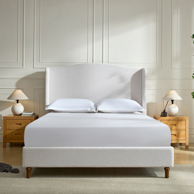 Upholstered Wingback Bed with 54" Tall Headboard – Premium Ivory Chenille, Minimalist Design, No Box Spring Needed/ Queen