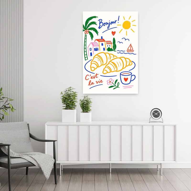 Ensoleillé français petit déjeuner coloré abstrait palmier contemporain art côtier
