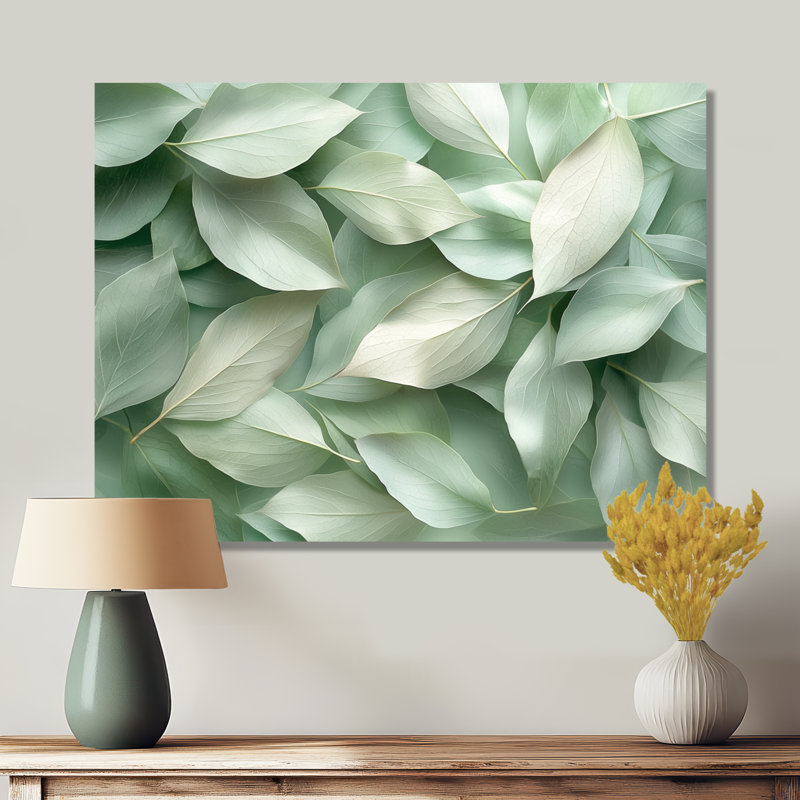 Feuilles de jade monochromes II - reproduction de feuilles sur métal, H 24 po x l 32 po