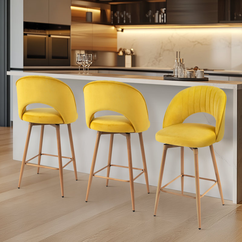 360° Swivel Upholstered Counter Stools With Backrest Bar Stools Set of 3, Yellow, 3