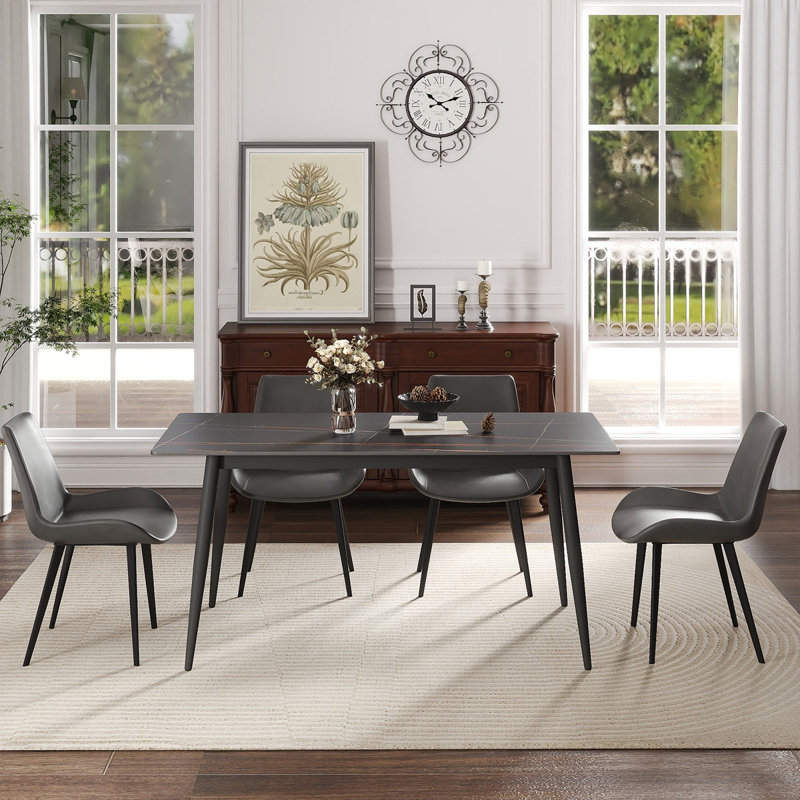Table de salle à manger 62,99 po en pierre artificielle moderne à bords droits et pieds en métal pouvant accueillir 6 personnes