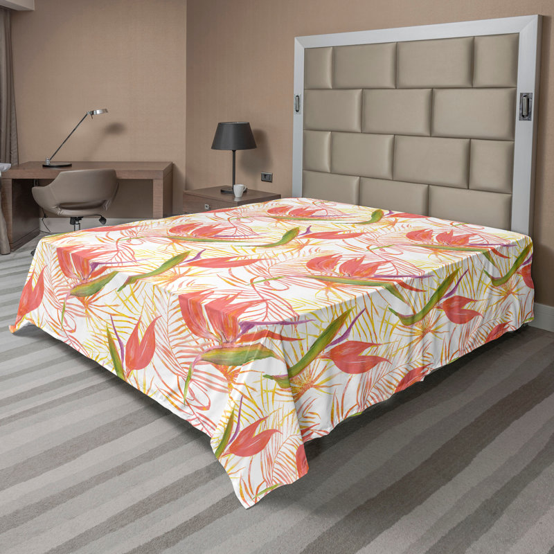 Ambesonne Floral Design Flat Sheet Jumble Cactus Flowers, Dark Coral Green Floral, California King Flat Sheet