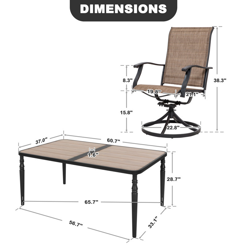 Patio PVC-coated polyester Dining Table Set With Umbrella Hole And Swivel Chairs, 6