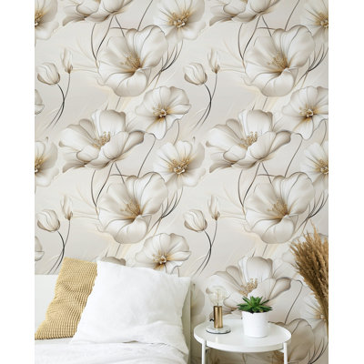 Elegant Ivory Floral Wallpaper Soft Botanical Peel and Stick Wall Mural Luxurious Flower Pattern