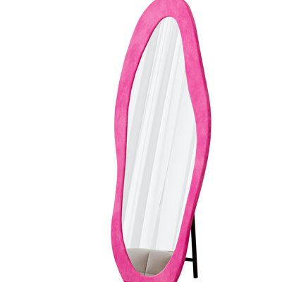 Miroir de plancher 63 po x 24 po multifonctionnel pleine longueur, enveloppé de flanelle, ondulé irrégulier, incassable, cadre en bois rose rosé, design, verre de haute qualité, pour le vestiaire