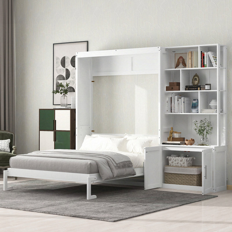 Lit escamotable double avec plusieurs tablettes de rangement et une armoire
