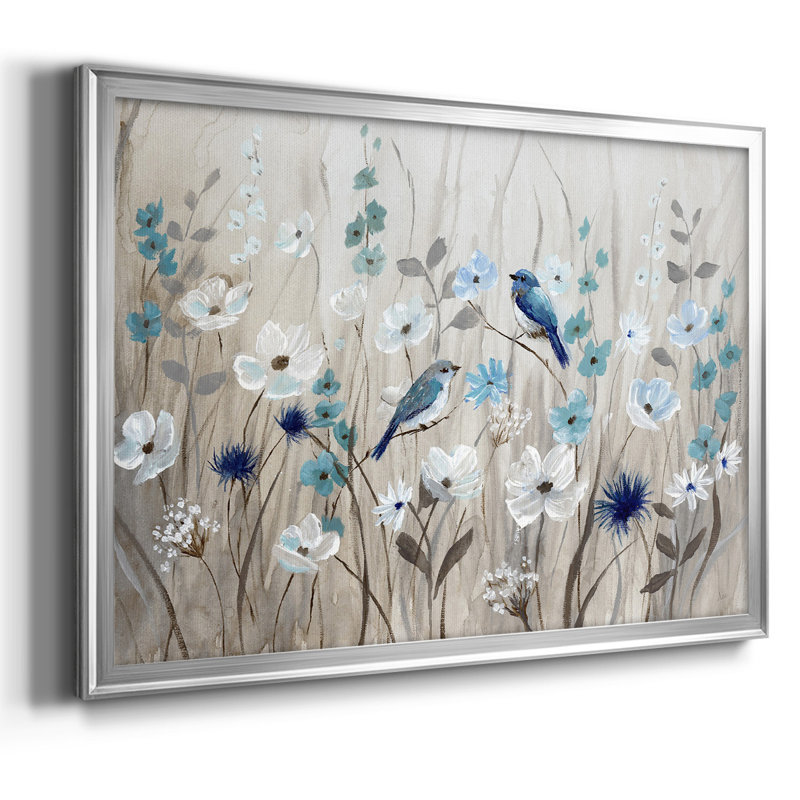 «Bluebirds in Spring», toile tendue avec châssis, H 30 po x l 44 po x P 1,5 po, Argent