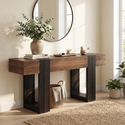 Console d'entrée bicolore de 160 cm avec tablette inférieure, style campagnard, piètement en U robuste, noyer