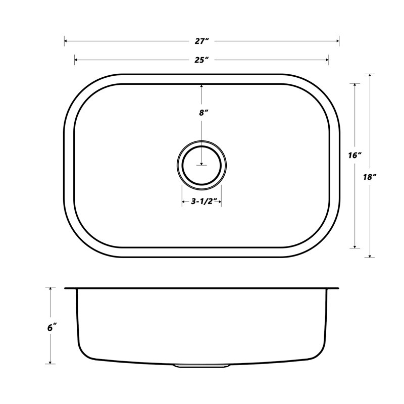 Évier de cuisine encastrable en acier inoxydable, H 6 po x l 27 po x P 18 po, Bol simple