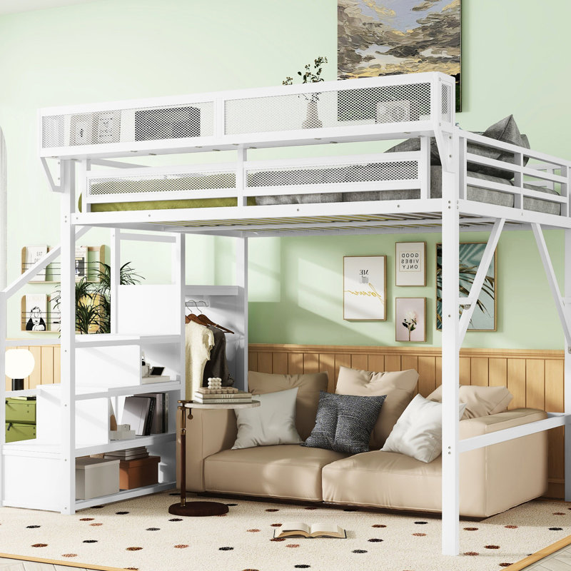 Lit mezzanine en métal blanc pour grand lit avec escalier, rangement et garde-robe, support de poids de 400 lb, 54,3 pouces de dessous pour chambre polyvalente pour adolescents
