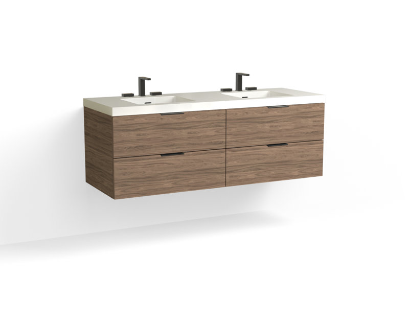 Avila 60" W Wall Mounted Double Bathroom Vanity, Matte White/Single, Nocino, Satin Brass