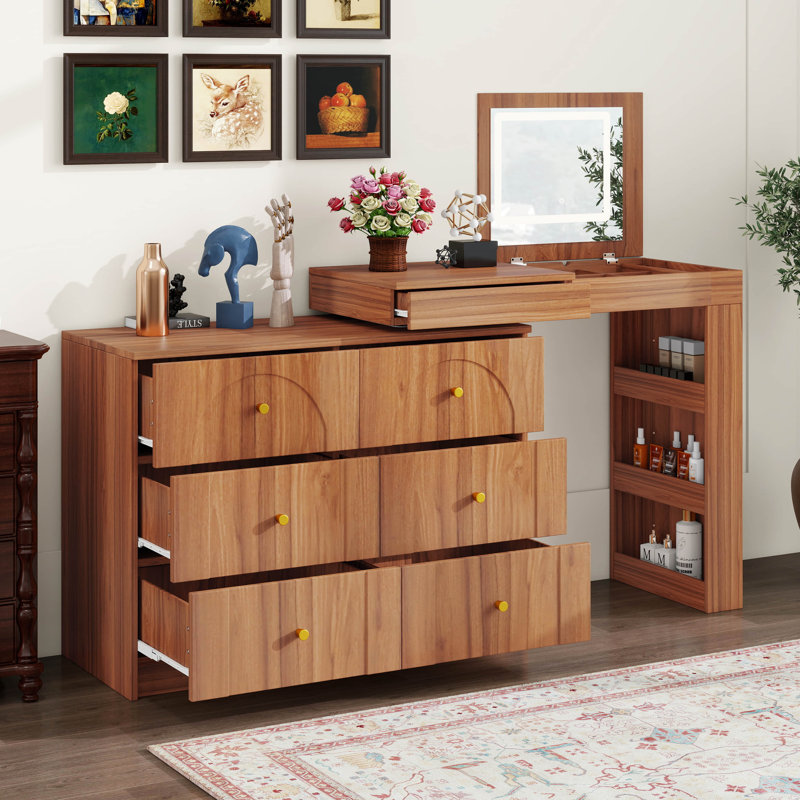 Bureau de coiffeuse avec miroir et lumières, coiffeuse de maquillage avec plateau tournant et 7 tiroirs, 9 compartiments, 3 tablettes, 3 modes de couleurs réglables