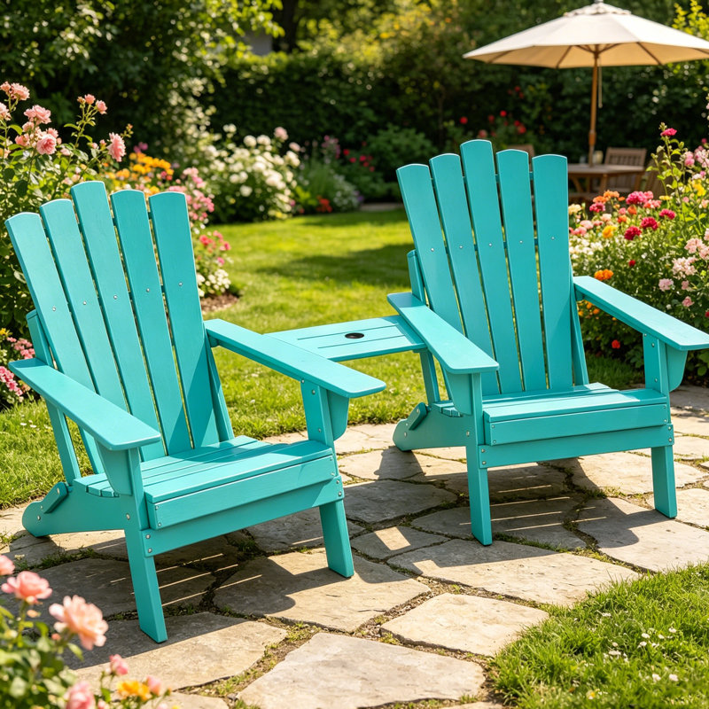 Set Of 2 Folding-Adirondack-Chairs With Connecting Tray, Teal