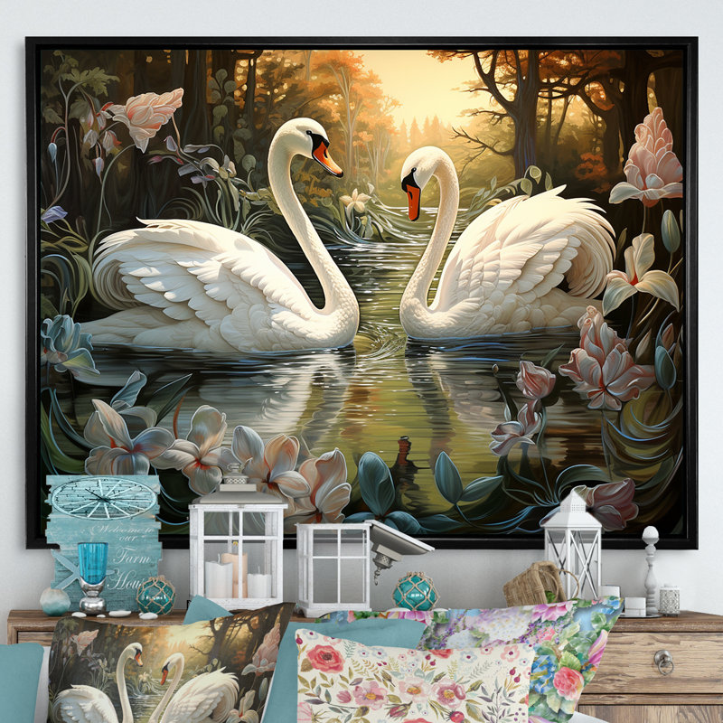 Cygnes et amour éternel sur toile, H 34 po x l 44 po x P 1,5 po, Cadre flottant noir