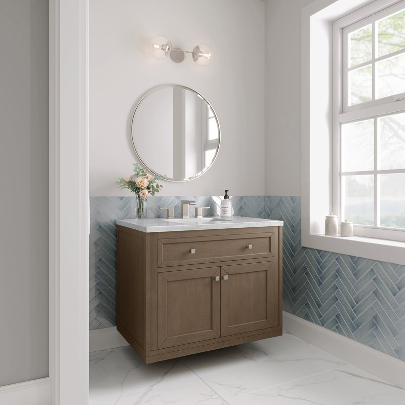 Chicago 36' W Single Vanity, Smokey Celadon, Eternal Jasmine Pearl Quartz, 8" Widespread