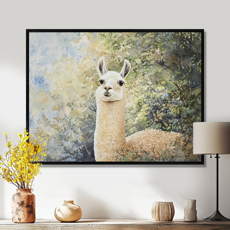 Lama qui erre dans la forêt - Art mural lama, H 34 po x l 44 po, Impression dans un cadre flottant sans passe-parto, Noir