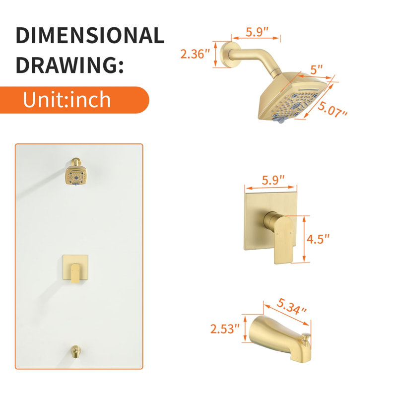 Wall Mount Tub Shower System Single Handle Complete Shower Faucet Kit Brass Shower Trim Kit With Rough-In Valve, Brushed Gold
