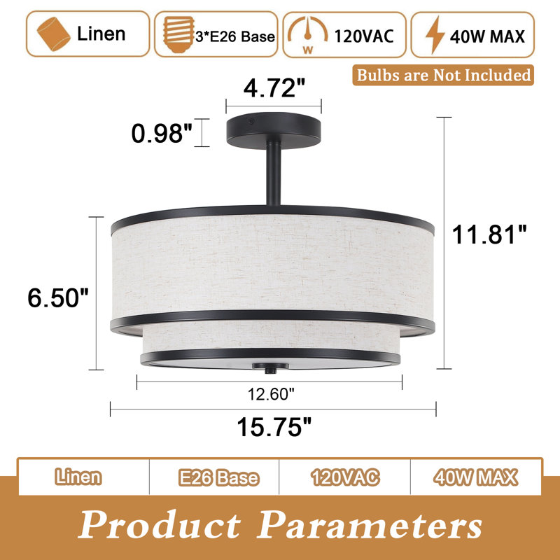 Matte Black Double Drum Semi Flush Mount Ceiling Light with Fabric Shade