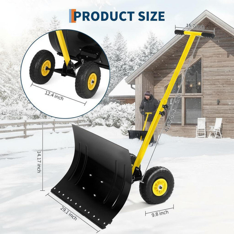 Snow Shovel with Wheels,29.1"W Heavy Duty Portable Snow Pusher Shovel Heavy Duty Metal Snow Shovel with Snow Removal 5-Position Angled Blade & Adjustable Handle for Driveway Car Home Garage