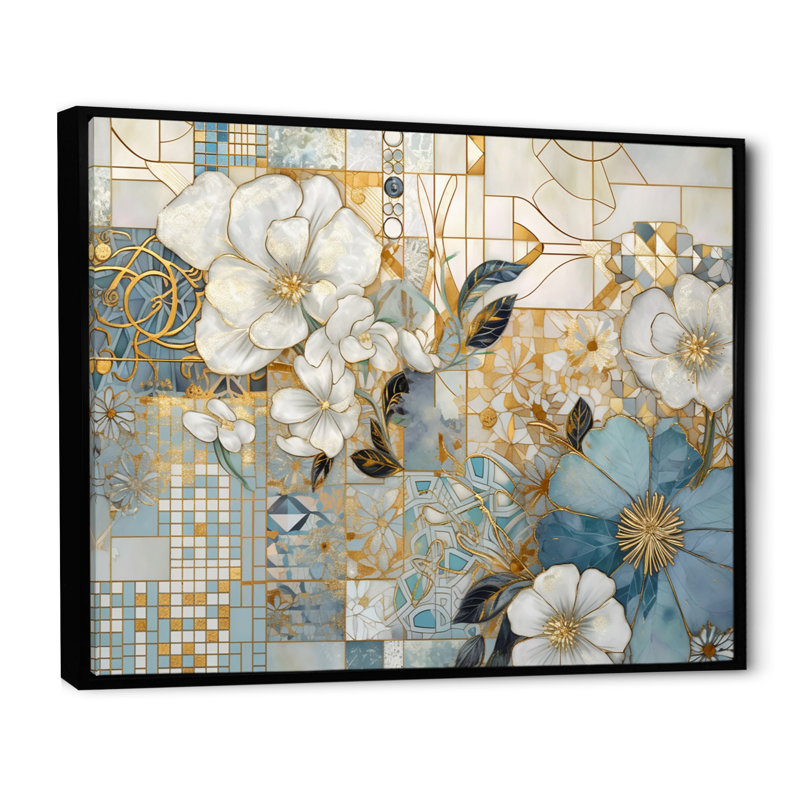 Motif floral doré bleu mosaïque I - impression, H 16 po x l 32 po x P 1 po, Cadre flottant noir