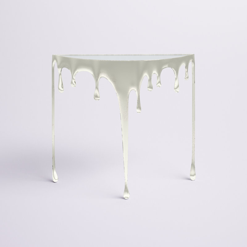 Moderna Aluminum Metal Abstract Crescent Drip Living Room Console Table with Melting Designed Legs and Shaded Glass Top