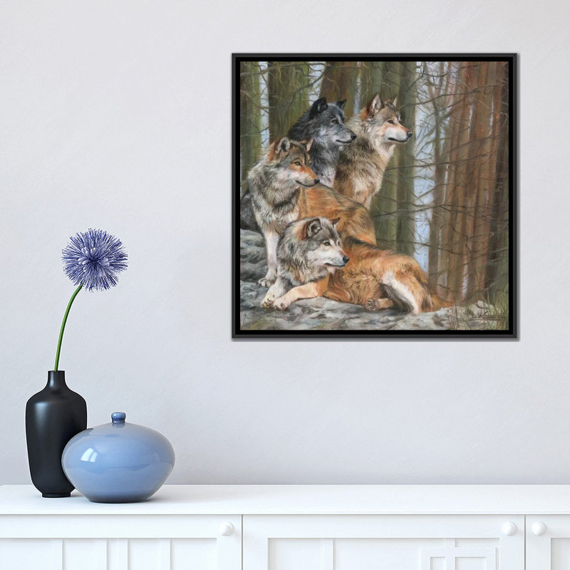 Four Wolves by David Stribbling - Print, 18" H x 18" W x 1.5" D, Black Framed Canvas, No Mat