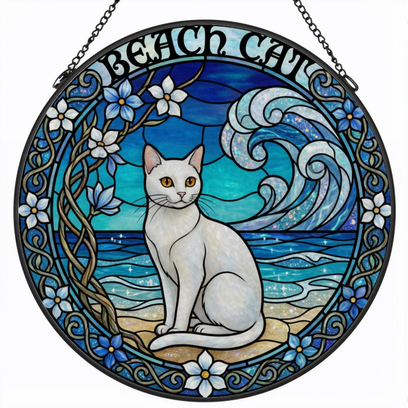 7.8"H Beach Cat Stained Glass Window Panel, 7.8" H x 7.8" W