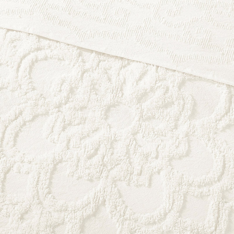 Couvre-lit chic en coton à franges en médaillon pour très grand / très grand lit, Blanc cassé
