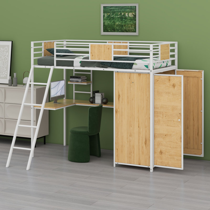 Lit mezzanine avec bureau en L et garde-robe, Blanc