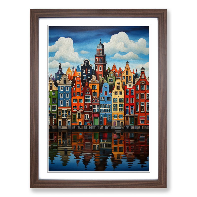 XYZ-FRM-V1223-1800 Amsterdam Hard Edge Painting - Single Picture Frame Print on Wood, Walnut, 46cm H x 34cm W x 2cm D
