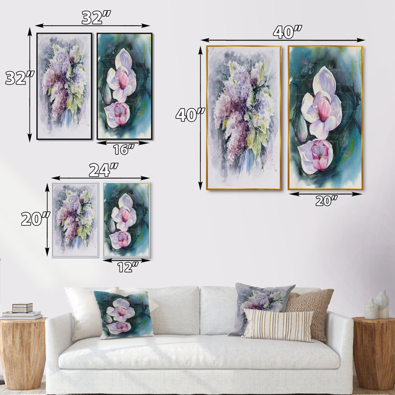 Fleurs de magnolia - ensemble de 2 peintures sur toiles, H 32 po x l 32 po x P 1 po, Cadre flottant doré