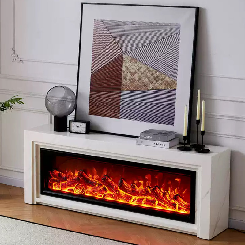 White Solid Wood TV Cabinet Fireplace, White, 23.62" H x 78.74" W x 12.99" D
