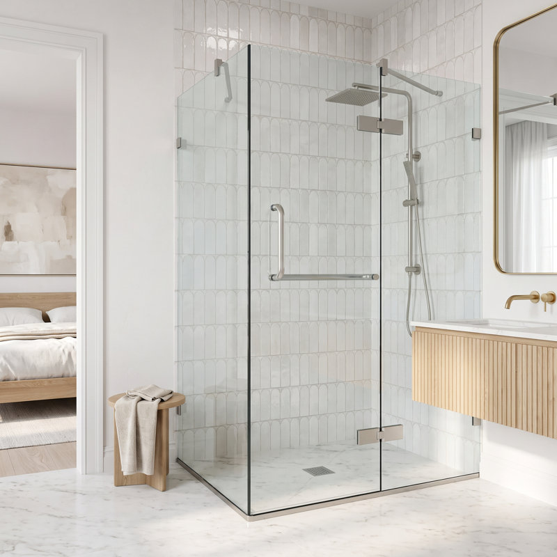 Cabine de douche à charnière sans cadre avec verre transparent 3/8 de l 46 po x P 34 po x H 73 po Monteray, Nickel brossé