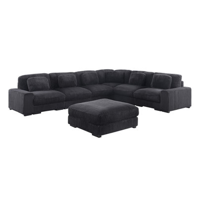 Lianne 151"W Charcoal Corduroy Fabric Reversible L-Shape Modular Sectional Sofa With Ottoman