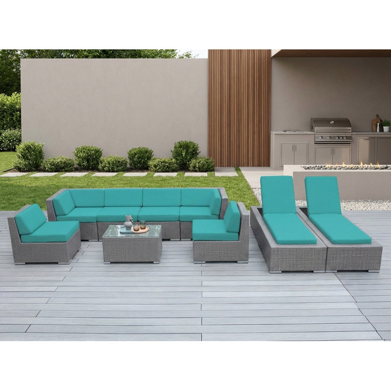Ensemble de conversation modulaire en rotin avec coussins 9 pièces Barna - aucun assemblage requis, gris