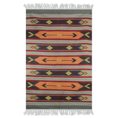 Tapis beige / orange en laine fabriqué à la main Splendor Dhurrie