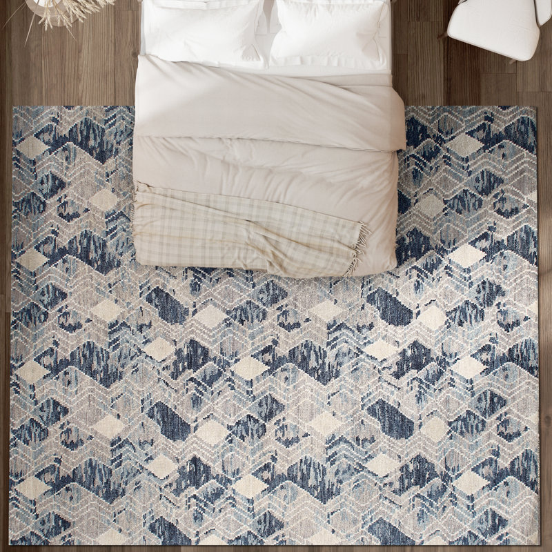 Wool Geometric Area Rug in Blue, Rectangle 12' x 15'