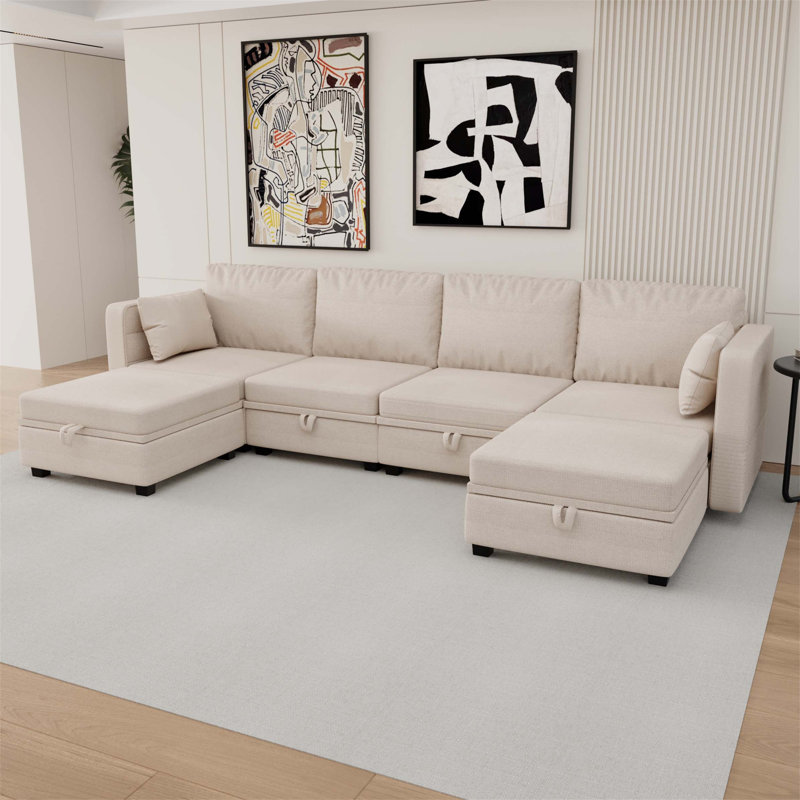 Large canapé et méridienne réversible avec repose-pieds, Lin beige